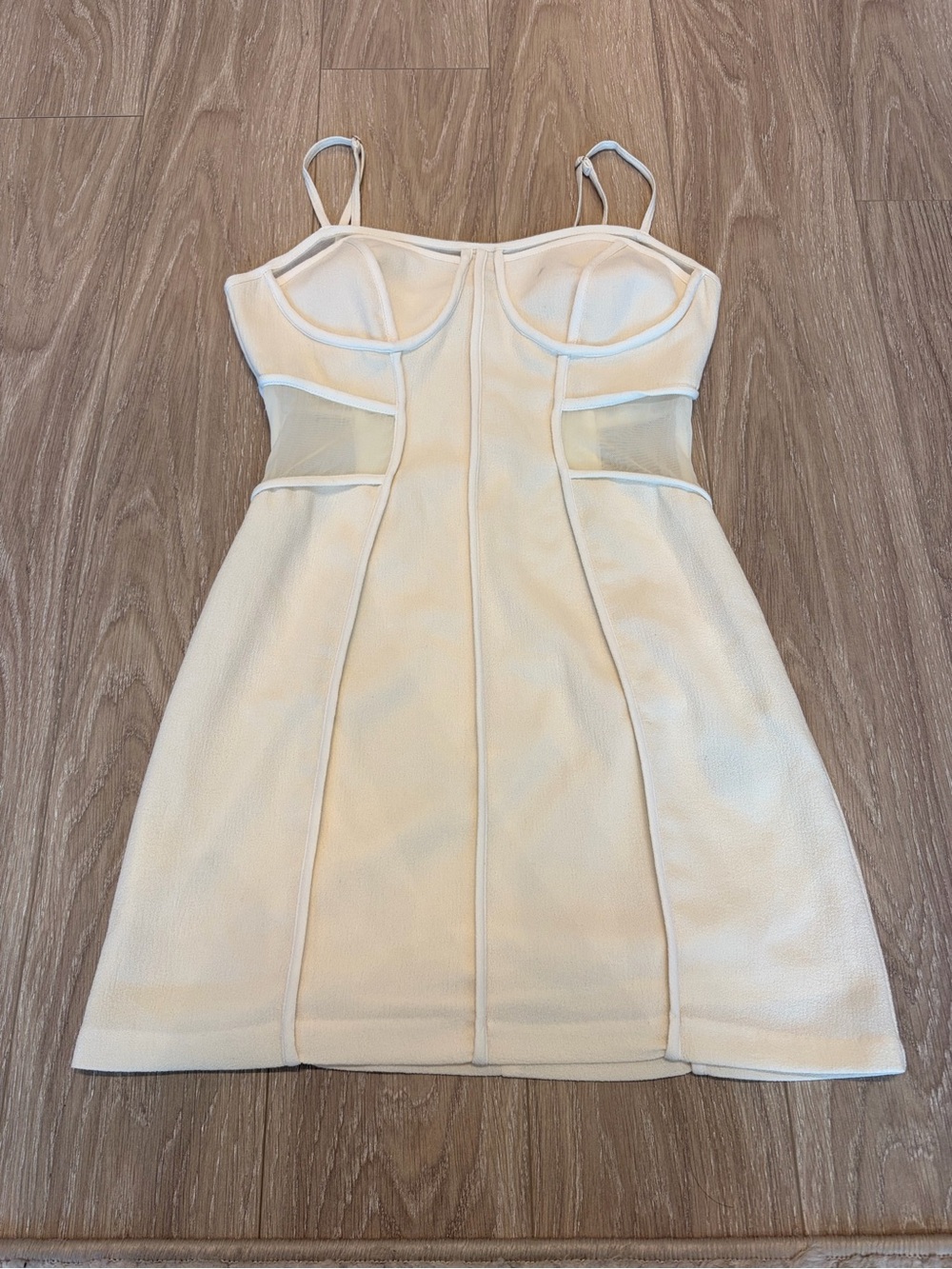 Cream Mesh-Panel Mini Dress with Corset Bodice